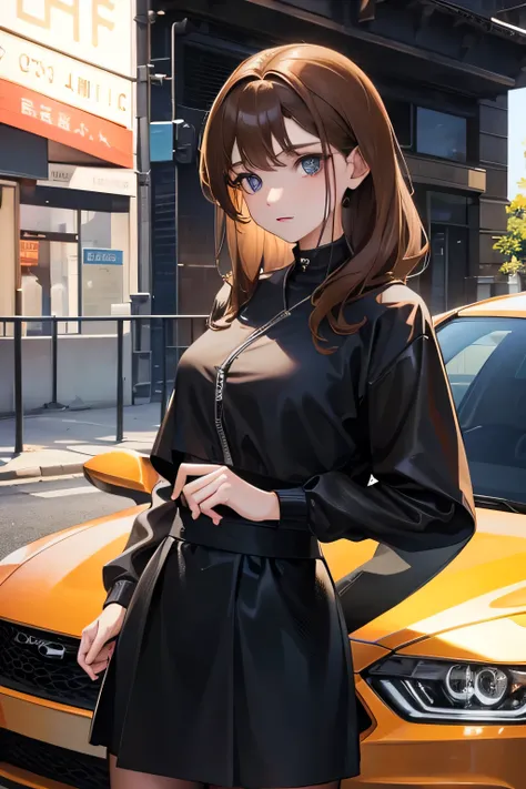 A girl with light brown hair, blue eyes, black clothes, black skirt, posed in a car