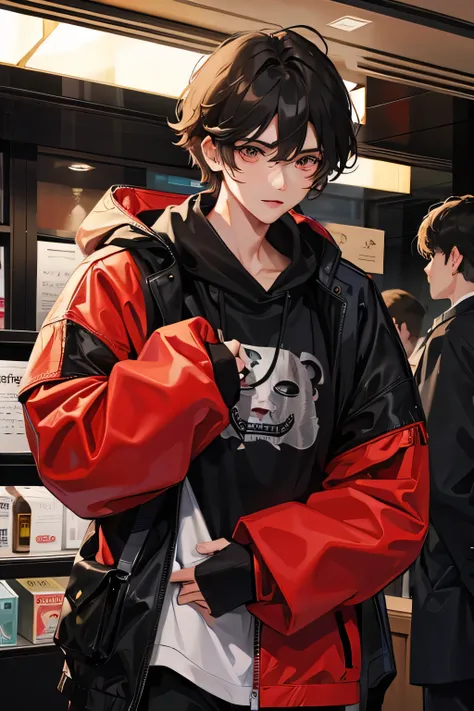 A black haired boy, oni mask, clothes black