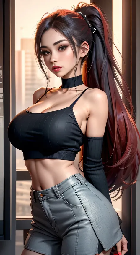 sfw, Ultra high quality，8K，gal girl，Sexy and feminine, high and cold，Enchanting，The head proportions are perfect，Gray high ponytail，Wear a sweatshirt monogram print, Short red high-waisted skirt，Flaming red lips，Swan neck，chokers，sun is shining, wearing br...