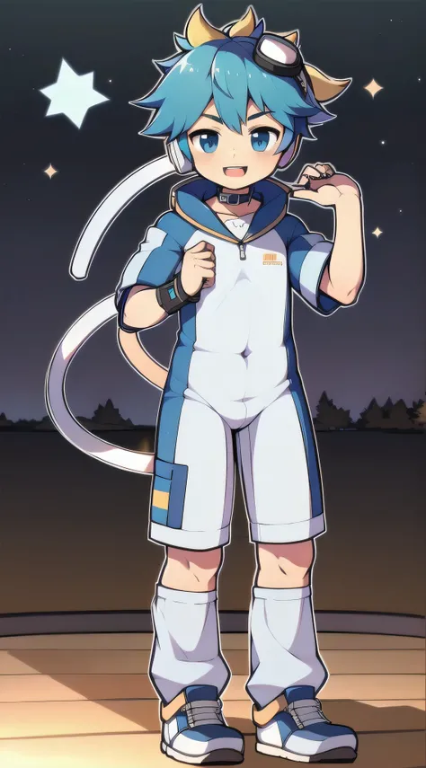 Two-dimensional boy，One-piece mountaineering suit，trumpet，Cow ears，Put the headphones on your head，stand up，goggles，sports shoes，Slim，Happy，Sailor collar