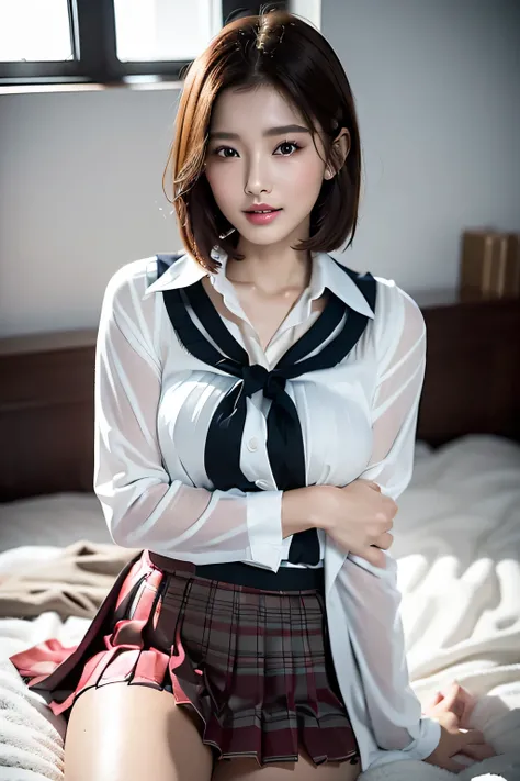 (((Woman lying on bed in bedroom)))、Accentuate your breasts、(((school uniform:1.3)))、Open white shirt、(((Check pleated skirt that fits snugly against the skin:1.7)))、(Reddish brown wet shiny short hair)、hairpin、hair ornaments、Blushing cheeks、Pointed red mo...