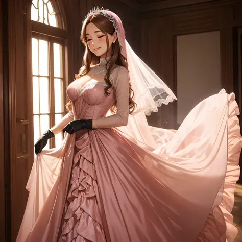 a light brown pinned up haired female who is wearing a pink very sexy translucent long skirt is bound, black gloves,,flirty smile,sexy look,,closed eyes,veil