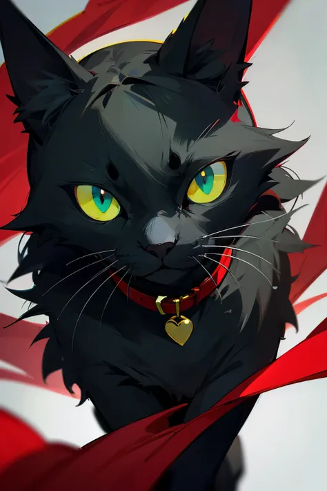 Black cat, green eyes, red collar 