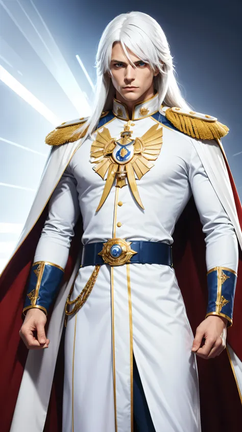 a man long, straight white hair piercing blue eyes wearing an impeccable white military uniform with gold details with a flowing...