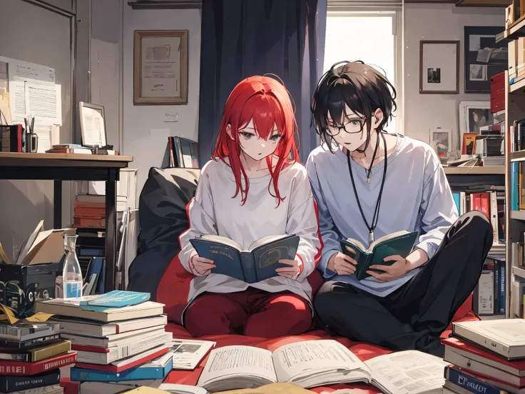 A red-haired woman is sitting and listening to music. Next to her is a man with black hair and glasses reading a book. The room is a little messy. They seem to be relaxing. 28 years old. Night
