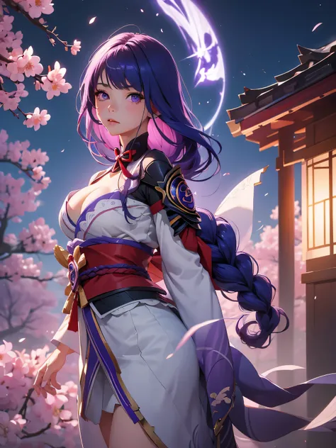 ((Full body image:1.4))Japanese Shrines, (Highest quality，Realistic,masterpiece:1.2，8k wallpaper:1.2)，((Pale skin))，One Girl，women only，((Genshin Impact_Impact，General Raiden))，Lightning Particles，Purple Lightning，Light background，cherry blossoms，Purple Th...