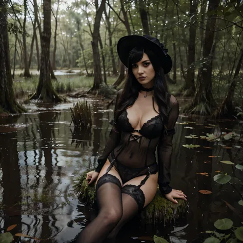 there is a woman in a black lingerie sitting In a swamp, In a swamp, a sexy maid in a magical forest, Witch in the forest, sorcerer, classic witch, beautiful with spooky vibes, witch fairy tale, dark swamp, fantasy photo shoot, beautiful witch, in a pond b...