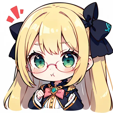 1girl, (chibi:1.4),  upper body, standing, blonde hair, glasses, pink bow, pouting, green eyes, long hair