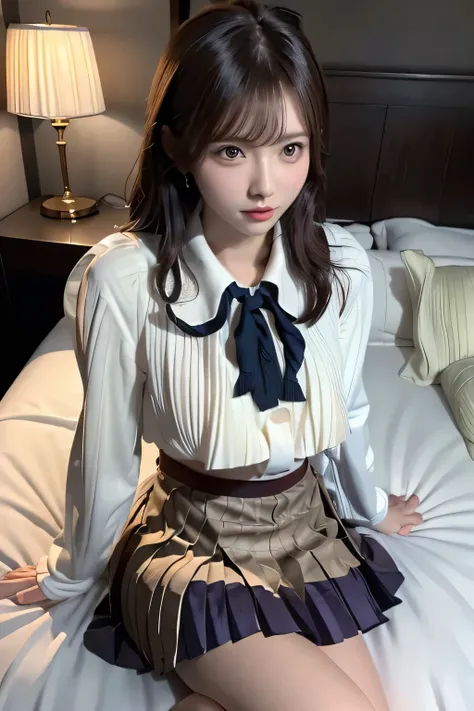 (((Woman lying on bed in bedroom)))、Accentuate your breasts、(((school uniform:1.3)))、Open white shirt、(((Check pleated skirt that fits snugly against the skin:1.7)))、(Reddish brown wet shiny short hair)、hairpin、hair ornaments、Blushing cheeks、Pointed red mo...