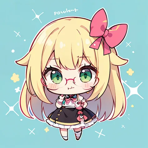 1girl, (chibi:1.4),  upper body, standing, blonde hair, glasses, pink bow, pouting, green eyes, long hair, full body