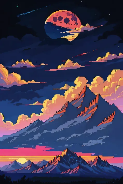 pixel art，starry sky，full moon night，mountains，clouds blocking the sun