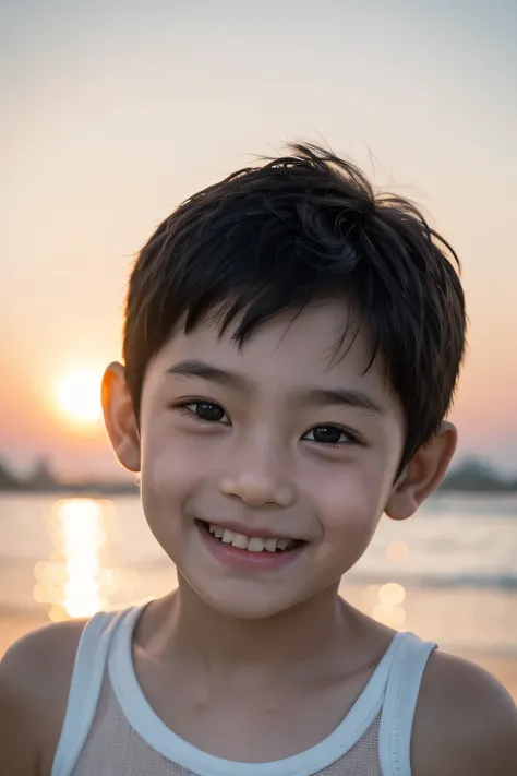 There is a smiling 11 years old  Arafed young boy wearing a singlet, Cute boy, close up portrait shot, Happy kids, Young boy, joyful expressions, medium portrait soft light, kid a, young cute asian face, real child body lines, at the beach swimming pool, a...