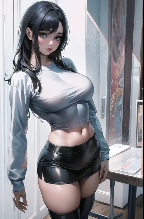 ((masterpiece, best_quality)), 1 girl, (photorealistic:1.4), natural make up, white_background, black_hair, long_hair,  waist, navel, zettai_ryouiki, over size long sleeve XL T-shirt, mini skirt, ((full_body)), delicated nice body