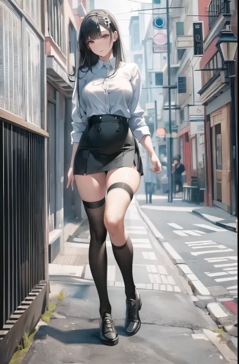 ((masterpiece, best_quality)), 1girl, (photorealistic:1.4),  solo, white_background, black_hair, long_hair,   zettai_ryouiki, oversized shirt, mini skirt, ((full_body)),