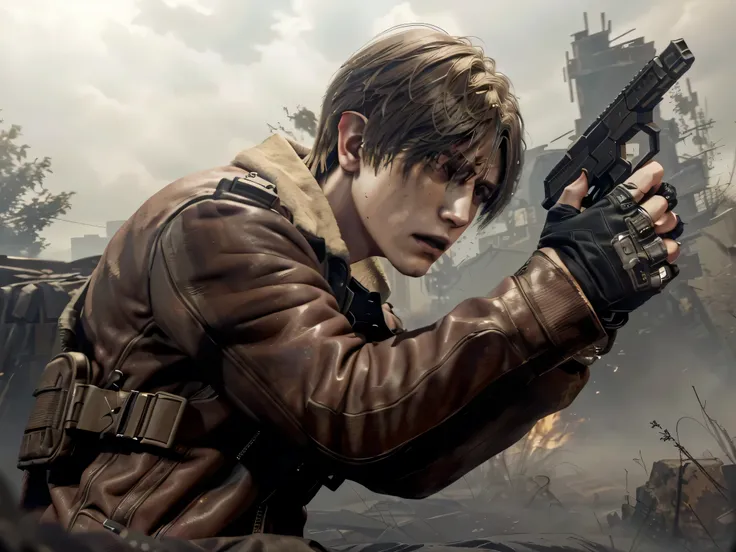 there is a man holding a gun in a scene from resident evil, background of resident evil game, v from devil may cry as an elf, snk, female lead character, jungkook is leon s. kennedy, inspired by Kim Hwan-gi, inspired by Yasutomo Oka, inspired by Joong Keun...