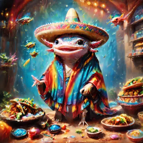 (masterpiece:1.5) axomdel2, a happy axolotl wearing sombrero and poncho, with details of tacos