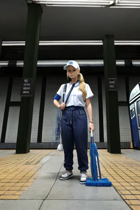 woman, blonde hair, blue eyes, ponytail, dirty face, baseball cap, janitor uniform, standing in the subway station, ((holding a ...