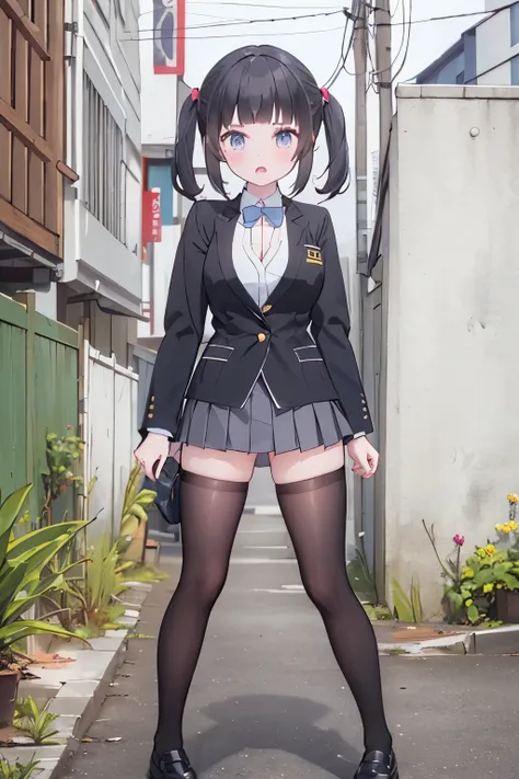 (8K、Highest quality、highest quality、masterpiece)、Detailed face、One girl、、black hair 、short hair、twintails、blunt bangs、Grey Eyes、、、((Blazer jacket uniform))、((Pleated skirt))、((No panties))、((bent over))、Back Alley Background、Very large breasts、Nipples are ...