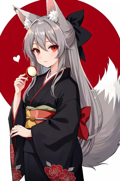 anime girl with long grey hair and ((1 red eye and 1 grey eye)), dressed in a kimono with a fox tail and fox ears