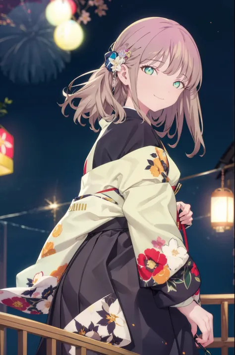 Yume Minami,sss dynazenon ,Brown Hair,Green Eyes,hair tied back,Flower hair ornament,Black Japanese Clothing,Thick sleeves,Long skirt,Sandals,whole bodyがイラストに入るように,smile,Fireworks in the night sky,Fireworks,The place is a fireworks display、Time is night,日本...