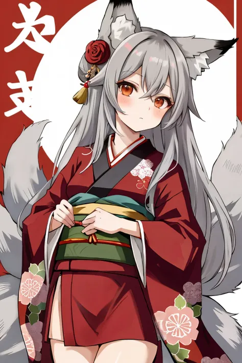 anime girl with long grey hair, {1 red eye and 1 grey eye}, dressed in a kimono with a fox tail and fox ears