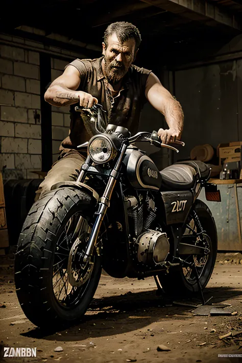 draw a scrabler motorcycle with big tires for a zombie apocalypse