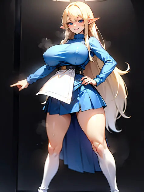 young elf girl, blue eyes, blue Pullover, black long skirt, whole body to see, smiled, excited, moans, blond long hair, sexy pose, big breasts, wide hips, (((full milky breasts)))