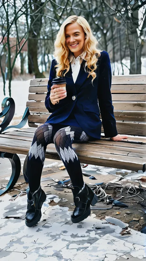 real, realistic, fashion photography, 1girl, full body, caucasian woman, blonde curly hair, sitting on a park bench, winter time...