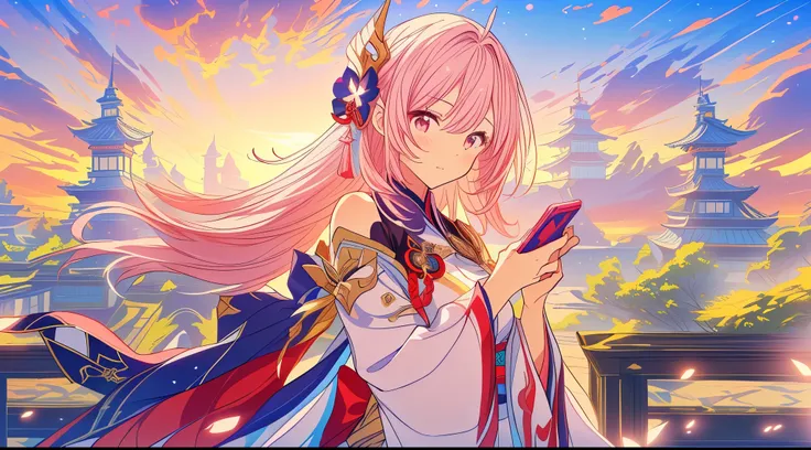 Anime girl with long pink hair holding a mobile phone, from genshin impact, genshin impact, from genshin impact, portrait of onmyoji, cute anime waifu in a beautiful dress, anime goddess, game genshin impact, ((fair empress fantasy)), genshin