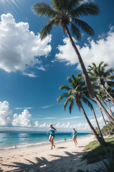 a spacious landscape with a couple and a 1-year-old baby running through the sea happily, blue sea around palm trees shells aquatic animals 