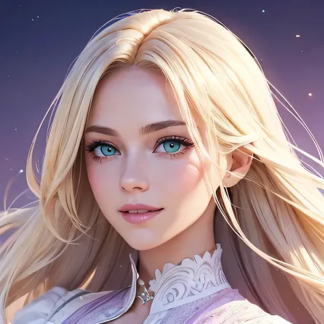 create a beautiful woman, with shiny blonde hair, with a beautiful smile, from sideways, showing his hair, a woman with light white skin, detailed green eyes, with a light lilac background, light lilac clothing, face on the side, Flying hair, big hair in t...