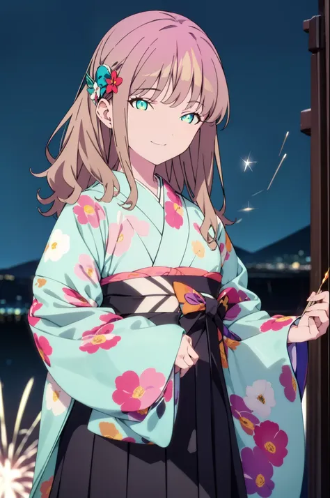 yume minami,sss dynazenon ,brown hair,green eyes,hair tied back,flower hair ornament,aka kimono,thick sleeves,sandals,so that th...