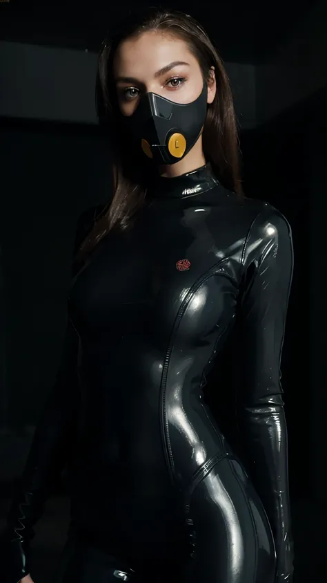 A sexy girl in a latex wetsuit, rubber scuba gas mask, detailed face, beautiful eyes, sensual lips, slender body, cinematic lighting, moody color palette, photorealistic, high quality, hyper detail