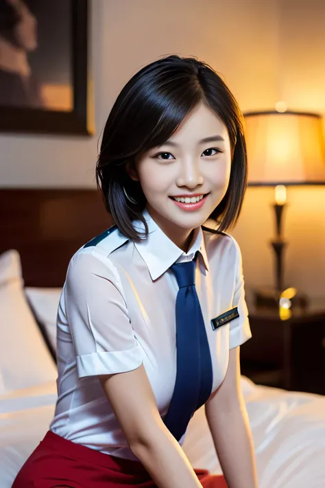(a gorgeous lady, age 21, Flight Attendant uniform, Shenzhen Airlines Stewardess, wet white shirt and wet red mini-skirt, kneeling on a bed,in her room, dimpled smile, short ponytai hair, short bob hair, cute snaggleteeth, well-endowed round bosom, long fl...