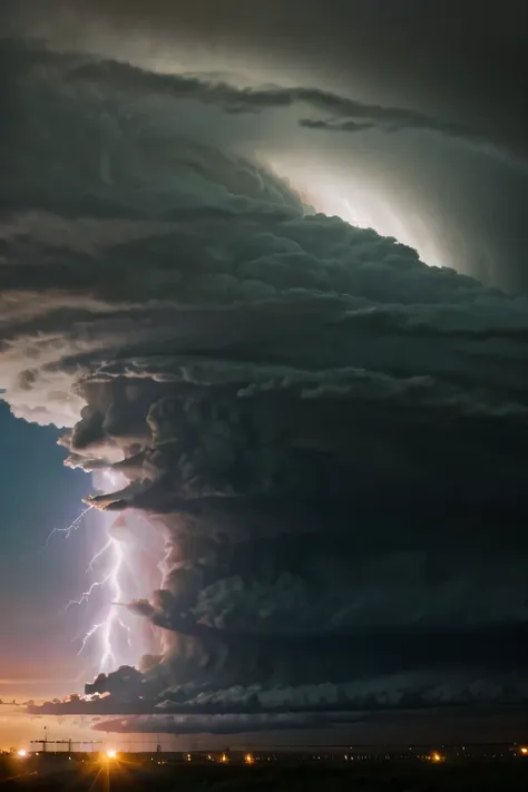 thunderstorm supercell, a massive tornado approaching, beautiful tornado, thick swirling tornado, huge storm, an image of a torn...