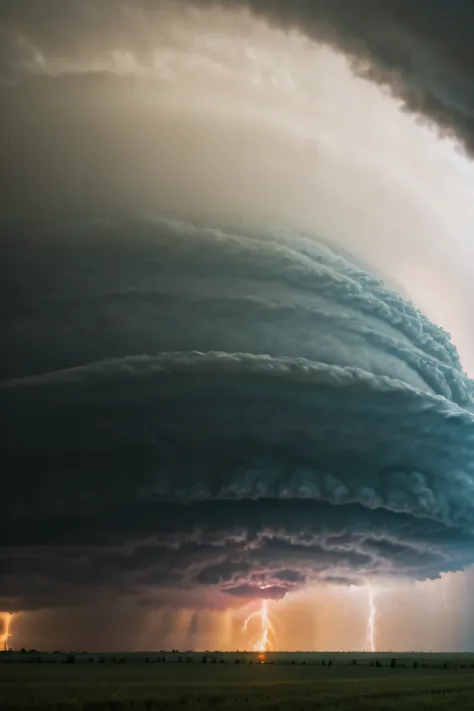 thunderstorm supercell, a massive tornado approaching, beautiful tornado, thick swirling tornado, huge storm, an image of a torn...