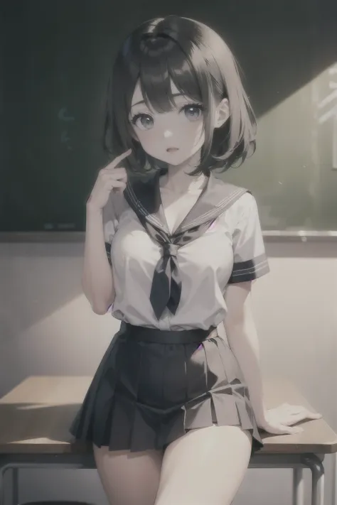 True to prompts、Highest Resolution、middle School girls、Black Haired Beautiful Girl、Short-sleeved uniform、Thin fabric uniforms、Collarbone in full view、Waistline、Navy Skirt、Sexy thighs、School、classroom