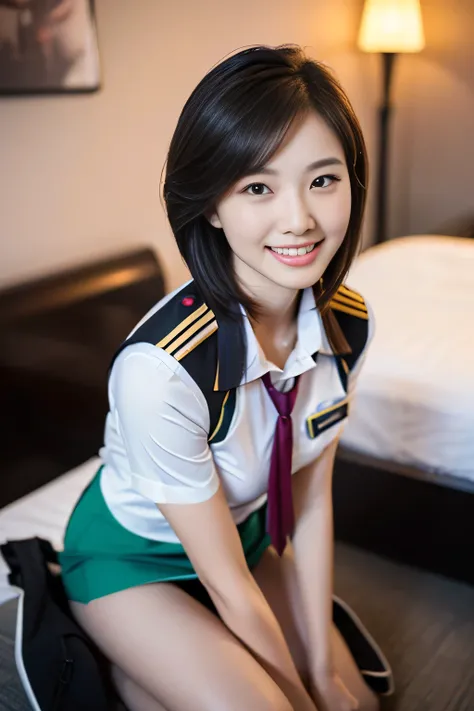(a gorgeous lady, age 21, Flight Attendant uniform, Shenzhen Airlines Stewardess, wet white shirt and wet red mini-skirt, kneeling in her bedroom, dimpled smile, short ponytai hair, short bob hair, cute snaggleteeth, well-endowed round bosom, long flawless...