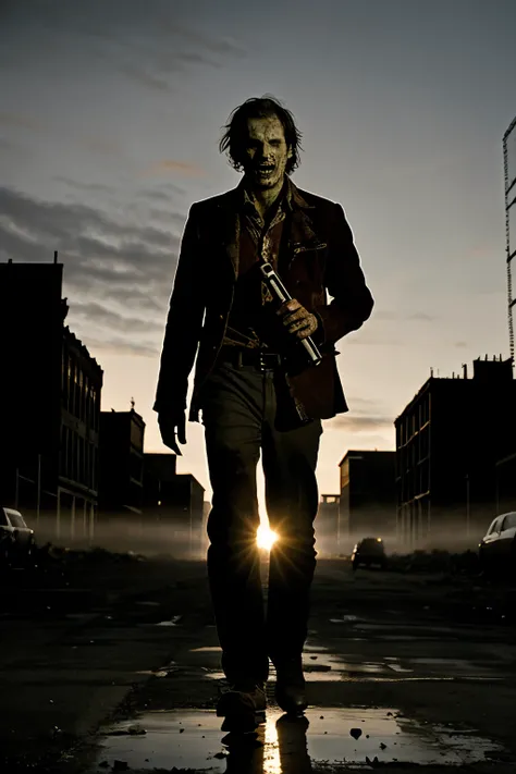 Zombie René rises on a desolate street, with the recorder in his hand. The scene shows ruined buildings and shadows of other zombies in the background