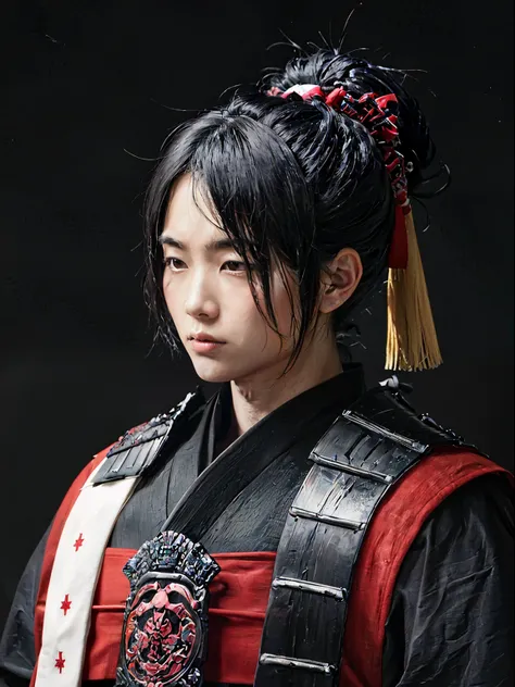 Blind Samurai Man ,body hair: Black with a menacing bun. stance: The samurai is in a calm and dignified meditation, reflecting serenity and control. outfit: He wears traditional Japanese silk armor., with dark red details, black andwhite. The armor is both...