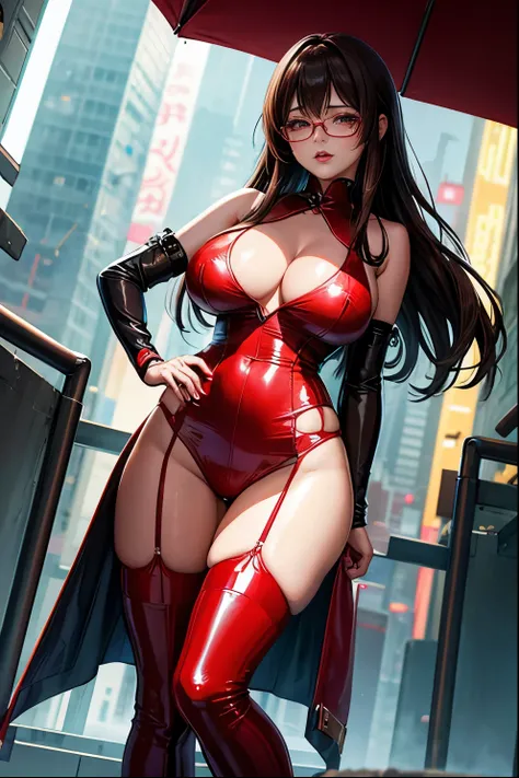 Taiwanese Idol　Mature Woman　Brown hair with bangs　Rimless Glasses　Big eyes　With your back turned　Bright red rouge lips　Big Breasts　Super shiny turquoise patent leather cheongsam　garter belt　Enamel stockings　Knee-high boots　Heavy rain at dawn in a cyberpunk...