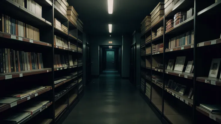 Shelves full vhs, found footage style, paranormal, midnight, mysterious atmosphere, dimly lit room, dark wall in the background