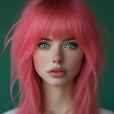 bellissima 1girl, solo, long hair, looking at viewer, bangs, simple background, green eyes, pink hair, parted lips, teeth, lips, eyelashes, messy hair, portrait, close-up, freckles, realistic