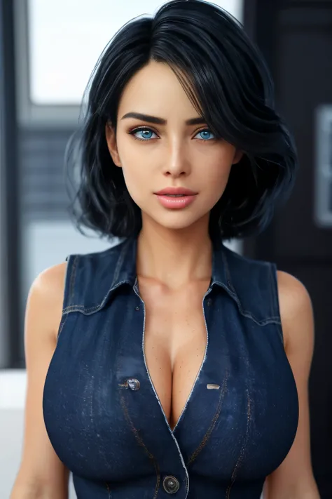 milfylinda, super hot landlady in sexy black vest with cleavage, sexy tight blue jeans, detailed eyes, eyes, full body, very detailed skin, freckles, detailed face, beautiful face, detailed eyes, beautiful eyes, fair skin, pale skin, thin body, blue eyes, ...