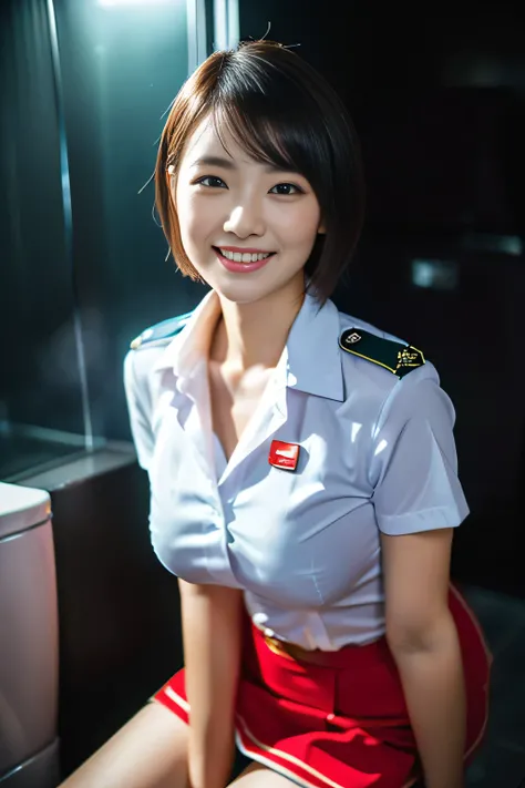 (a gorgeous lady, age 21, Flight Attendant uniform, Shenzhen Airlines Stewardess, wet white shirt, wet red mini-skirt, kneeling in a steamy bathroom, dimpled smile, short ponytai hair, short bob hair, cute snaggleteeth, well-endowed round bosom, long flawl...