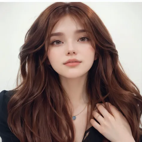 a closeup of a woman with long brown hair and a necklace, brown Long hair with bangs, pale skin suave natural, brown hair with bangs, round and smooth face, coral brown hair, long red brown hair, brown bangs, pale skin, smooth and impeccable, with round fa...