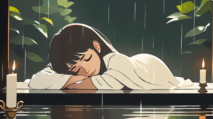 a young woman lies sleeping, her face peaceful and serene, as a soft, contemplative piano melody and the gentle patter of rain c...