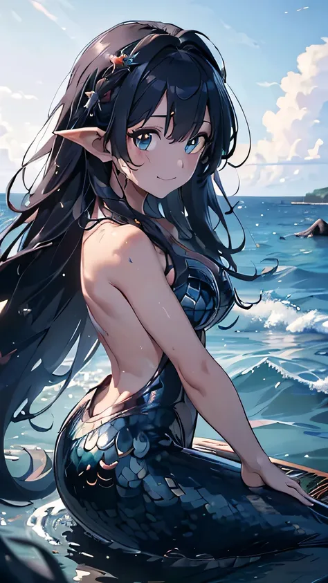 ((Best quality, 8k, Masterpiece: 1.3)), Slim abdomen, naby hair, hair behind ear, long hair, big hair, wet hair, star hair ornament, upturned eyes, pointy ears, light smile, ((mermaid)), ((Diving in the ocean)), swimming, beautiful face, best quality, shin...