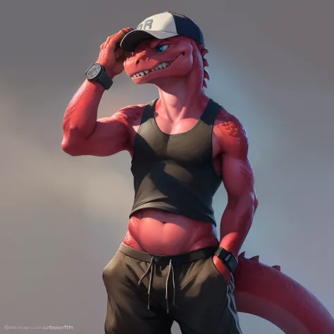 solo:1.3, simple background, simple grey background:1.6, 8k, fine details, (ultra detailed), a beautiful and detailed full size portrait of a female anthro salamander (((pink body, red skin, red scales))), blue eyes, lizard eyes, lizard tail, bedroom eyes,...