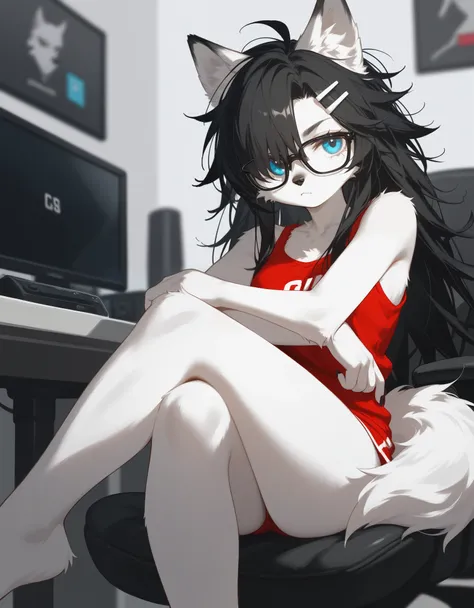 Solo, score_9,score_8_up,score_7_up, a young nerdy Anthro furry wolf woman, white furry body, tall, long black messy hair, hair covering one eye, long bangs, long black hair, blue eyes, black glasses, small breasts, white wolf tail, wearing red tank top, b...